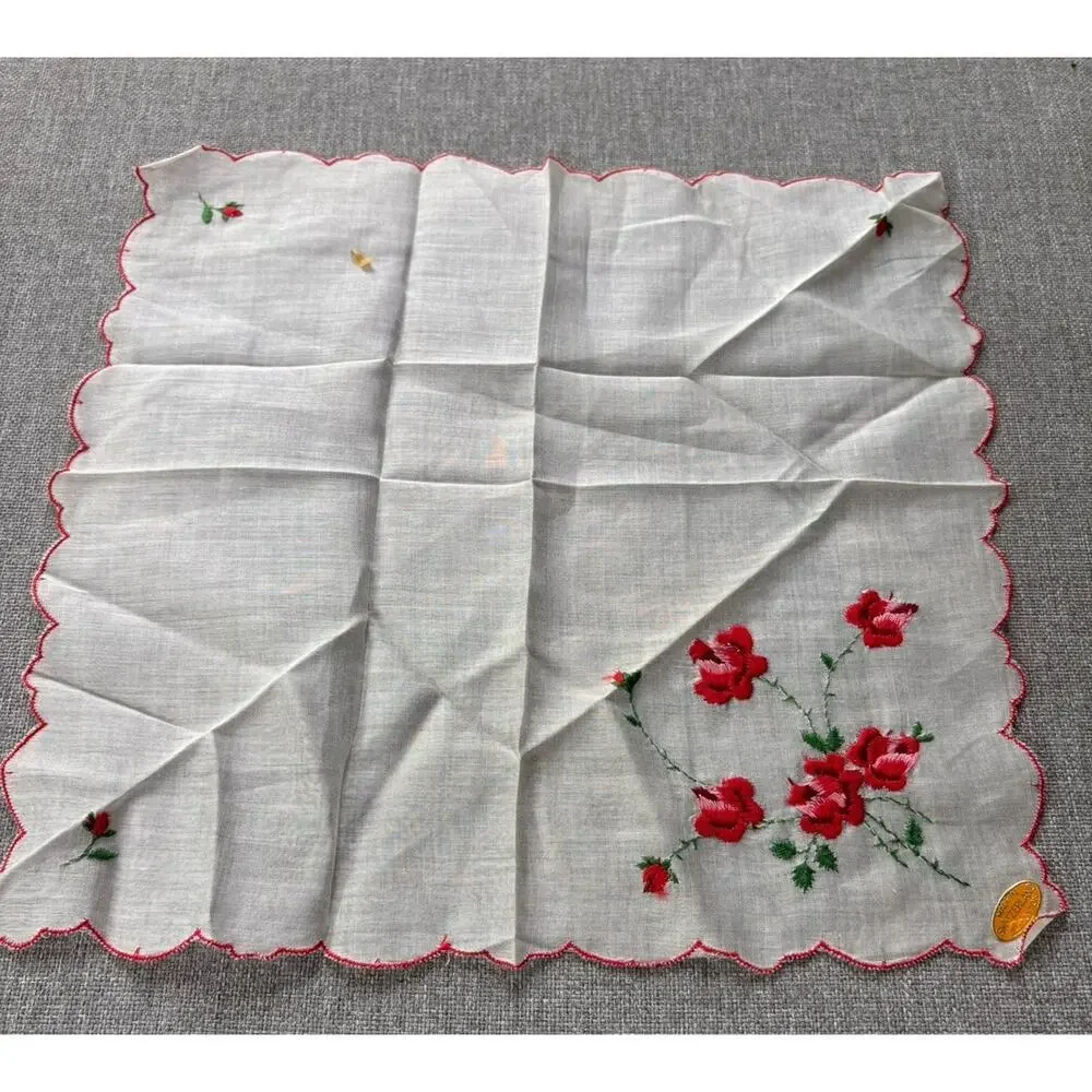 Vintage Embroidery All Cotton Hankie Handkerchief Red Floral & Sticker Scalloped